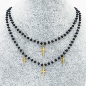 Simple Gold Cross Black Bead Strand Double Chains Stainless Steel Pendant Necklace For Women - KN236495-MW