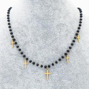 Simple Gold Cross Black Bead Strand Stainless Steel Pendant Necklace For Women - KN236497-MW