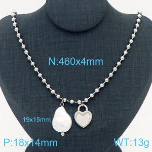 4mm Heart & Shell Pearl Stainless Steel Bead Necklace Silver Color - KN236590-Z