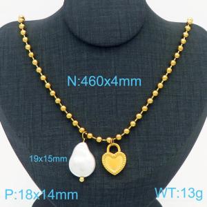 4mm Heart & Shell Pearl Stainless Steel Bead Necklace Gold Color - KN236591-Z