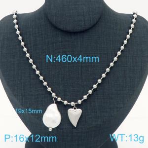 4mm Heart & Shell Pearl Stainless Steel Bead Necklace Silver Color - KN236594-Z