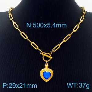5.4mm Heart Pendant Dark Blue Zircon Link Chain Stainless Steel Necklace Gold Color - KN236610-Z
