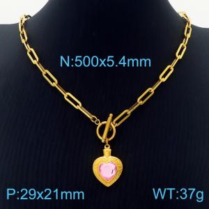 5.4mm Heart Pendant Light Pink Zircon Link Chain Stainless Steel Necklace Gold Color - KN236612-Z