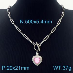 5.4mm Heart Pendant Light Pink Zircon Link Chain Stainless Steel Necklace Silver Color - KN236613-Z