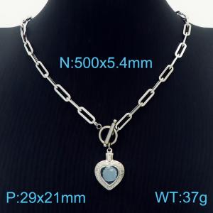 5.4mm Heart Pendant Light Blue Zircon Link Chain Stainless Steel Necklace Silver Color - KN236615-Z
