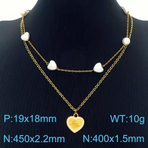 2.2mm Double Layers Link Chain Heart Pendant Stainless Steel Necklace With Shell Pearl Gold Color - KN236649-KSP