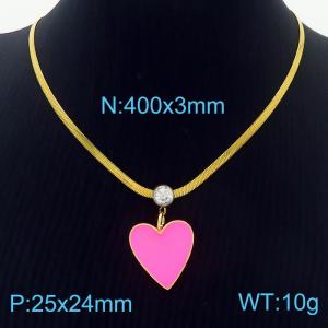 Pink Heart Zircon Stainless Steel Pendant Chunky Chain Necklace For Women - KN236984-HJ