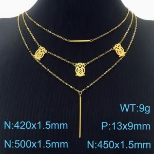 500mm Women Gold-Plated Stainless Steel Triple-Chain Necklace with Owl Charms&Thin Bar Pendant - KN237102-KFC