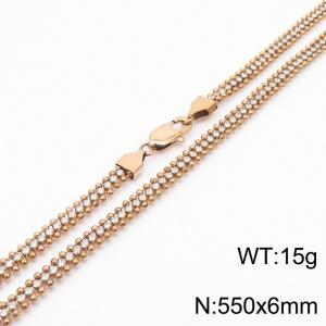 Stainless steel rose gold bead chain with white zircon splicing three-layer necklace - KN237372-KFC