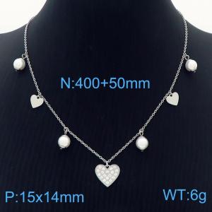 Lightweight Silver Stainless Steel Necklace Cubic Zirconia Love Pendant Necklace With Shell Beads Adjustable Size - KN237379-KLX
