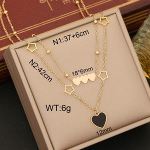 European and American fashion stainless steel double chain fritillary Pentagram hollow black heart shaped jewelry gold necklace - KN237559-WGYB