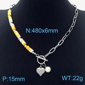 Stainless steel fashionable and simple colored beaded connection O-chain, heart-shaped pearl pendant silver necklace - KN237588-NJ