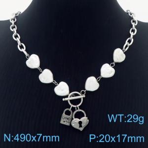 Stainless steel fashion simple string pearl heart shaped connection o chain, love lock clasp pendant silver necklace - KN237594-NJ