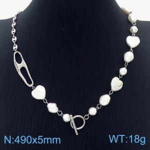 Stainless steel fashionable pearl heart shaped beads mixed with chain hollowed out geometric accessories silver necklace - KN237598-NJ
