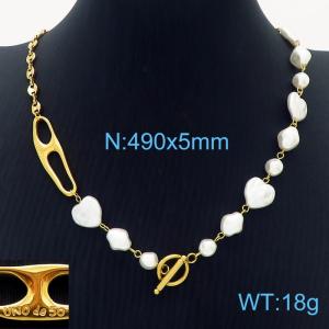 Stainless steel fashionable pearl heart shaped beads mixed with chain hollowed out geometric accessories gold necklace - KN237599-NJ