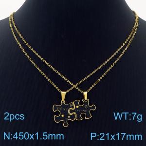 Stainless Steel Gold Color Black Saw Puzzle Pendant Cuban Link Chain Couple Necklaces - KN237602-SS