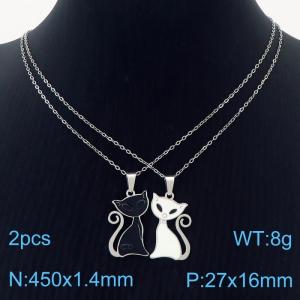 Stainless Steel Silver Color Black and White Cat Pendant Cuban Link Chain Couple Necklaces - KN237604-SS
