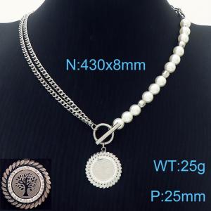 Fashion Tree Pendant Stainless Steel Cuban Chain OT Clasp Pearl Necklaces - KN237647-KSP