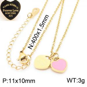 O-Chain Link Chain Stainless Steel Necklace With Pink Heart Shape Pendant Gold Color - KN237674-KLX