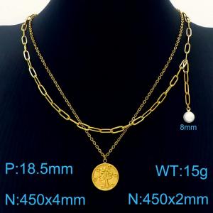 Stainless Steel Gold Color Treet In Circle Pearl Pendant Double Chain Necklaces For Women - KN237685-Z