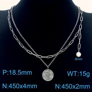 Stainless Steel Silver Color Tree In Circle Pearl Pendant Double Chain Necklaces For Women - KN237686-Z