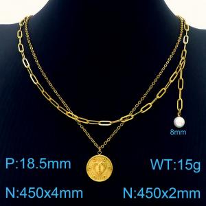 Stainless Steel Gold Color  Heart In Circle Pearl Pendant Double Chain Necklaces For Women - KN237687-Z