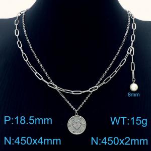 Stainless Steel Silver Color Heart In Circle Pearl Pendant Double Chain Necklaces For Women - KN237688-Z