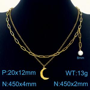 Stainless Steel Gold Color Moon Pearl Pendant Double Chain Necklaces For Women - KN237695-Z