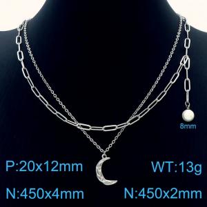 Stainless Steel Silver Color Moon Pearl Pendant Double Chain Necklaces For Women - KN237696-Z