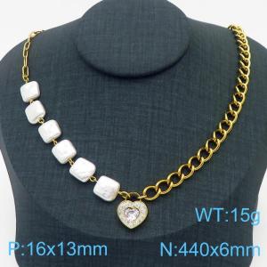 Stainless steel square pearl patchwork mixed chain paired with brick and stone heart-shaped pendant jewelry fashion gold necklacee - KN237988-KSP