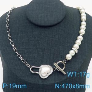 Stainless steel O-chain splicing string pearl chain OT buckle heart shaped accessory jewelry temperament silver necklace - KN237989-KSP