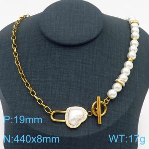 Stainless steel O-chain splicing string pearl chain OT buckle heart shaped accessory jewelry temperament gold necklace - KN237990-KSP
