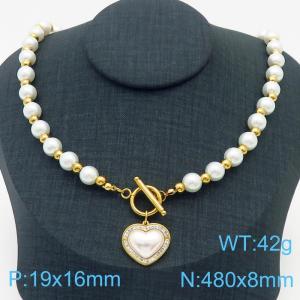 French DIY handmade pearl string series OT buckle heart shaped pendant jewelry temperament gold necklace - KN237992-KSP