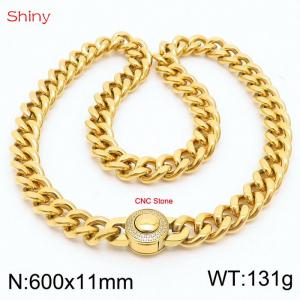 600X11mm Unisex Gold-Plated Stainless Steel&CNC Stones Cuban Links&Round Clasp Necklace - KN238069-Z