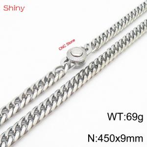 450×9mm Silver Color Stainless Steel Cuban Chain CNC Stone Clasp Necklace For Men Women Fashion Jewelry - KN238115-Z