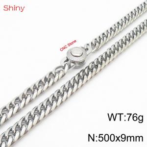 500×9mm Silver Color Stainless Steel Cuban Chain CNC Stone Clasp Necklace For Men Women Fashion Jewelry - KN238116-Z