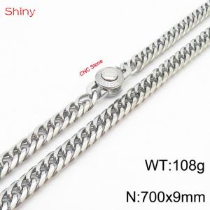 700×9mm Silver Color Stainless Steel Cuban Chain CNC Stone Clasp Necklace For Men Women Fashion Jewelry - KN238120-Z
