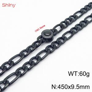 Fashionable stainless steel 450x9.5mm 3：1 thick chain circular inlaid diamond buckle jewelry charm black necklace - KN238235-Z