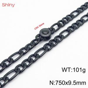 Fashionable stainless steel 750x9.5mm 3：1 thick chain circular inlaid diamond buckle jewelry charm black necklace - KN238241-Z