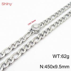 Fashionable stainless steel 450x9.5mm 3：1 thick chain circular inlaid diamond buckle jewelry charm silver necklace - KN238242-Z