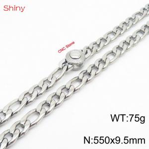 Fashionable stainless steel 550x9.5mm 3：1 thick chain circular inlaid diamond buckle jewelry charm silver necklace - KN238244-Z