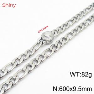 Fashionable stainless steel 600x9.5mm 3：1 thick chain circular inlaid diamond buckle jewelry charm silver necklace - KN238245-Z