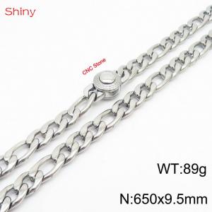 Fashionable stainless steel 650x9.5mm 3：1 thick chain circular inlaid diamond buckle jewelry charm silver necklace - KN238246-Z