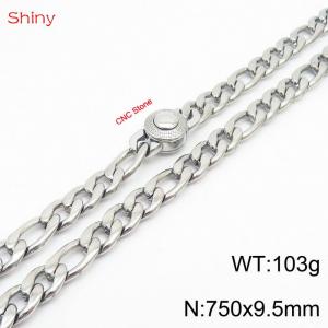 Fashionable stainless steel 750x9.5mm 3：1 thick chain circular inlaid diamond buckle jewelry charm silver necklace - KN238248-Z