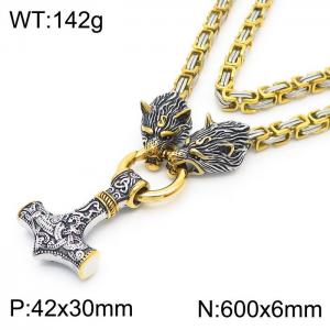 Men's domineering golden wolf head stainless steel Thor Hammer necklace - KN238295-MZOZ
