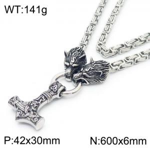 Men's domineering steel wolf head stainless steel Thor Hammer necklace - KN238296-MZOZ