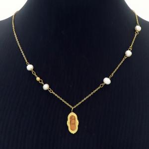 Pearl Chain Oval Pendant Stainless Steel Necklace - KN238299-QY
