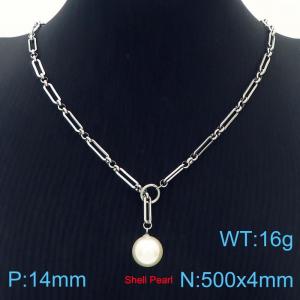 Stainless Steel Necklace Link Chain Shell Pearl Pendant Silver Color - KN238329-Z