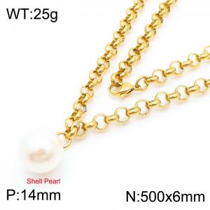 Stainless Steel Necklace O Chain With Shell Pearl Pendant Gold Color - KN238362-Z