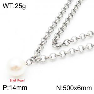 Stainless Steel Necklace O Chain With Shell Pearl Pendant Silver Color - KN238363-Z